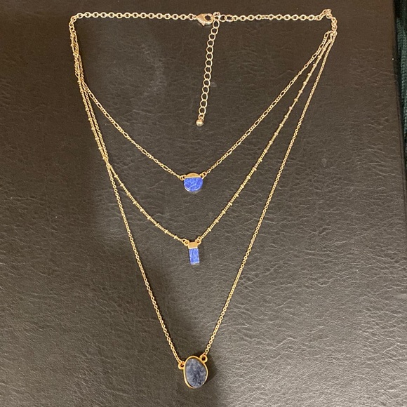 Goldtone blue druzy and stone triple chain necklace - Picture 3 of 6